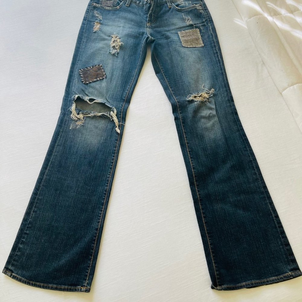 BEBE PATCH-WORK, RHINESTONES JEANS, SIZE 30